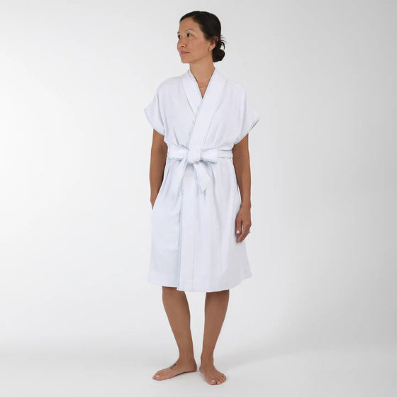 Terry Robe with Blue Seersucker Trim