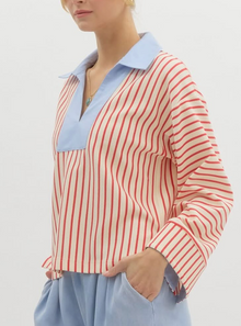  Red and White Stripe Top with Blue Trim