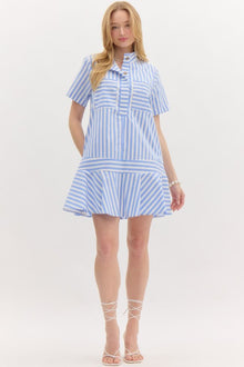  Stripe Mock Neck Blue and White Dress