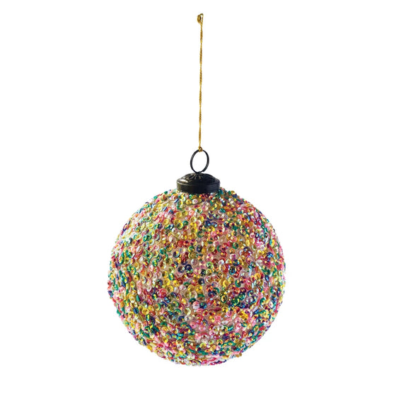 4" Round Recycled Glass Ball Ornament with Sequins