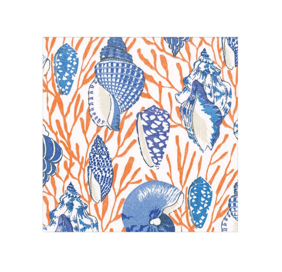 Coral & Blue Shell Toile Cocktail Napkin